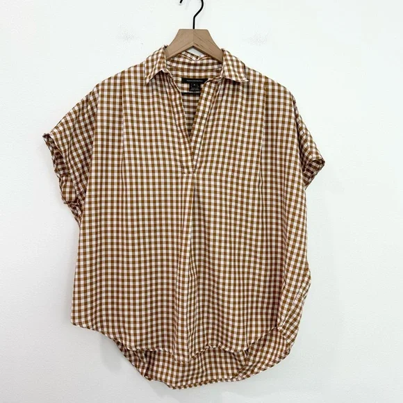 French Connection Gingham Plaid Split Popover Shirt Tan White Size small - Picture 1 of 5